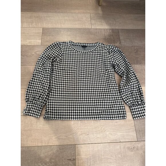 Talbots Houndstooth Puff Sleeve Womens Top Blouse Black and White Shirt Medium - Picture 1 of 5